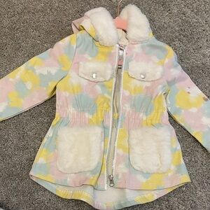 Colorful Kids Hooded Jacket with Faux Fur Trim